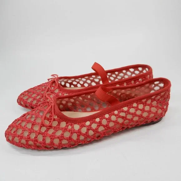 Loeffler Randall Leonie Mary Jane Ballet Flats Size 8 Red Raffia Mesh Bow NEW - Picture 8 of 16